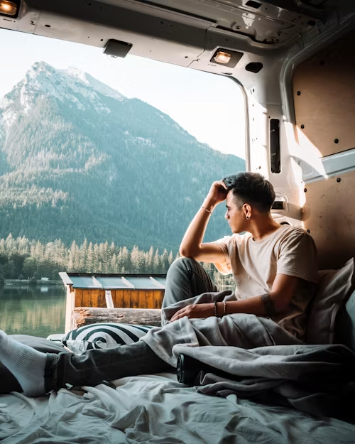 Van life view of a lake and mountains